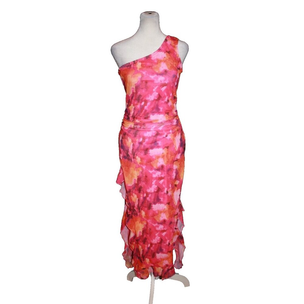 DRESSTELLS Dress Women's SIze M Hot Pink Orange One Shoulder FItted Long NEW